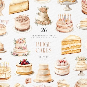 Clipart gâteau beige aquarelle, dessert d'anniversaire Boho, pâtisserie ton neutre, boulangerie de fête élégante, graphiques PNG transparents, usage Commercial