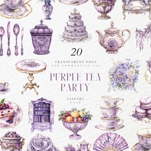 Op de afbeelding: Watercolor clipart set met diverse paarse theefeest elementen. Inclusief theekopjes, theepotten, taarten, macarons en bloemstukken. Tekst luidt "20 Transparante PNG's voor commercieel gebruik Purple Tea Party Clipart Pack."