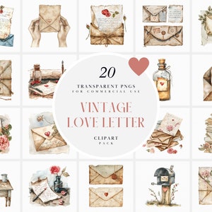 Imágenes prediseñadas de cartas de amor vintage de acuarela, imágenes prediseñadas de cartas de amor manuscritas, día de San Valentín antiguo del escritor, PNG transparente, uso comercial