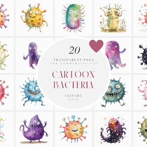 Personajes de dibujos animados de bacterias en acuarela, lindos dibujos de gérmenes, ilustración para niños, imágenes educativas, gráficos PNG transparentes, uso comercial