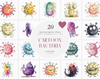 Watercolor Cartoon Bacteria Characters, Cute Germs Drawing, Kids Illustration, Educational Images, Transparent PNG Graphics, Commercial Use