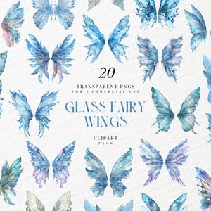 May include: A set of 20 transparent PNG clipart images of blue and purple watercolour fairy wings. The wings are in various shapes and sizes, with some having a more delicate and intricate design than others. The text "20 Transparent PNGs for Commercial Use Glass Fairy Wings Clipart Pack" is displayed in the centre of the image.