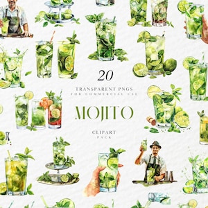 Clipart di cocktail Mojito ad acquerello, bevanda alcolica mista, clipart di menu di bar per matrimoni, bar, pub, grafica PNG trasparente, uso commerciale