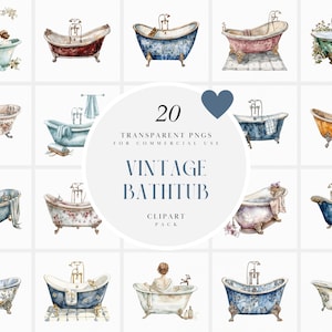 Clipart di vasca da bagno con piedini ad acquerello vintage, vasche da bagno antiche, bagno, articoli per l'igiene personale, PNG trasparenti, uso commerciale