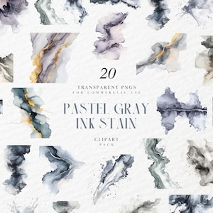 Puede incluir: Un conjunto de 20 imágenes de clipart digitales que presentan manchas de tinta abstractas en tonos de gris, blanco y dorado. Las imágenes son archivos PNG transparentes y son perfectas para uso comercial. El texto "Pastel Gray Ink Stain Clipart Pack" se muestra en la imagen.