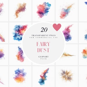 May include: A set of 20 transparent PNG clipart images of colorful fairy dust. The images are perfect for adding a magical touch to your designs.