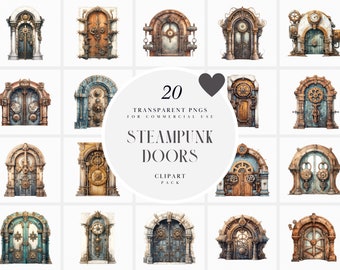 Watercolor Steampunk Door Clipart, Futuristic Steampunk Doors Clipart, Transformer Steampunk Portal Door, Transparent PNG, Commercial Use