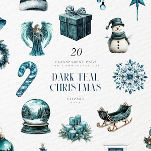 May include: A set of 20 teal Christmas clip art images. The images include a teal Christmas tree, a teal wreath, a teal snowman, a teal candy cane, a teal nutcracker, a teal angel, a teal gift box, a teal snowflake, a teal sleigh, a teal train, a teal snow globe, a teal ornament, a teal bell, a teal stocking, and a teal candle set. The text "20 Transparent PNGs for Commercial Use Dark Teal Christmas Clipart Pack" is in the center of the image.