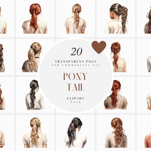Op de afbeelding: Een digitale clipart-pakket met 20 transparante PNG's van paardenstaartkapsels. De illustraties tonen verschillende haarkleuren en -stijlen, perfect voor commercieel gebruik. De tekst "PONY TAIL CLIPART PACK" is ook zichtbaar.