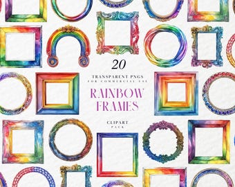 Watercolor Rainbow Frames Clipart, Colorful Book Page Border Decor, Card Making, Scrapbooking Frame, Transparent PNG Graphic, Commercial Use