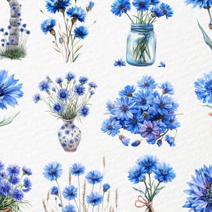 May include: A collection of watercolour illustrations featuring blue cornflowers. The image shows bouquets in vases, jars, and baskets, alongside individual flowers and arrangements. The flowers are a vivid blue with green stems and leaves, presented on a white background.