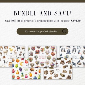 May include: An advertisement for digital art prints. The image shows several watercolor illustrations of farm animals, flowers, quirky fruits, logs, and African parrots. The text reads "BUNDLE AND SAVE!" and "Etsy.com/shop/CedreStudio".