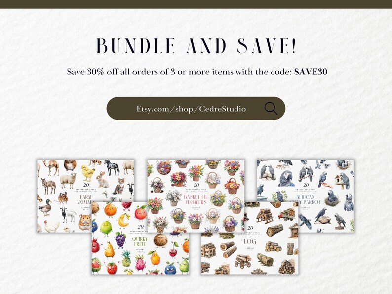 May include: An advertisement for digital art prints. The image shows several watercolor illustrations of farm animals, flowers, quirky fruits, logs, and African parrots. The text reads "BUNDLE AND SAVE!" and "Etsy.com/shop/CedreStudio".