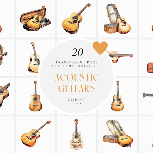 Watercolor Acoustic Guitar Clipart, Acoustic Guitars Clipart, Songwriter Country Music Player Clipart, Transparent PNG, Commercial Use