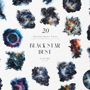 May include: A set of 20 watercolor galaxy clipart images. The images are in shades of blue, purple, and black, with white stars. The text "20 TRANSPARENT PNGS FOR COMMERCIAL USE BLACK STAR DUST CLIPART PACK" is in the center of the image.
