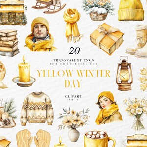 Watercolor Yellow Winter Day Clipart, Cozy Snowy Scene, Rustic Holiday Aesthetic, Warm Fashion Girl, Transparent PNG Graphic, Commercial Use