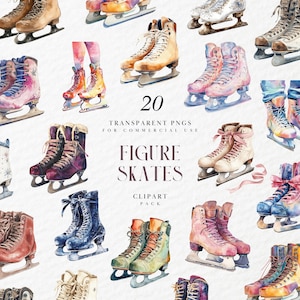 Watercolor Figure Skates Clipart, Figure Skating Shoes Clipart, Ice Skates Clipart, Ice Skating, Transparent PNG Graphics, Commercial Use