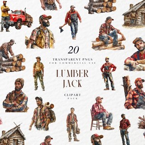 Puede incluir: Un paquete de clipart digital de 20 ilustraciones de acuarela que representan leñadores en varias poses, incluyendo sosteniendo hachas, troncos y sierras. Las ilustraciones están sobre un fondo blanco e incluyen una cabaña, árboles y otros elementos del bosque. El texto "20 Transparent PNGs for Commercial Use Lumber Jack Clipart Pack" está incluido en la imagen.