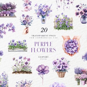Imágenes prediseñadas de flores moradas en acuarela, hermoso arreglo floral, ramo, boda, novia, elementos de jardín, PNG transparente, uso comercial