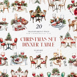 Könnte beinhalten: Aquarellillustrationen von Weihnachts-Esstischen mit festlicher Dekoration, Geschirr und Weingläsern. Die Tische sind mit Tellern, Besteck und Kerzen gedeckt und schaffen eine festliche Atmosphäre. Der Text "20 TRANSPARENT PNGS FOR COMMERCIAL USE CHRISTMAS SET DINNER TABLE CLIPART PACK" ist enthalten.