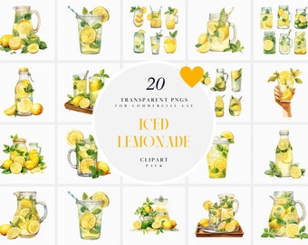 Watercolor Iced Lemonade Clipart, Lime Yellow Lemons Drink Clipart, Lemonade Stand Clipart, PNG Format for Commercial Use, Instant Download