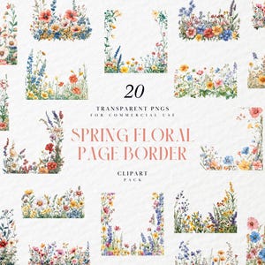 Clipart di bordo pagina floreale primaverile ad acquerello, angolo pagina largo con fiori, striscione, bandierine, grafica PNG trasparente, uso commerciale
