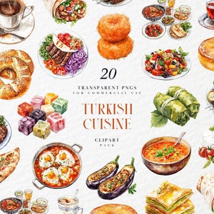 Watercolor Turkish Cuisine Clipart, Istanbul Traditional Food, Baklava, Doner, Middle East Dishes, Transparent PNG Graphics, Commercial Use