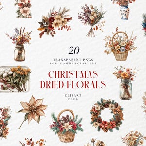 Aquarell Weihnachten getrocknete Blumen Clipart, konservierte Blumen, neutral farbiges Blumenarrangement, Weihnachten, transparente PNG, kommerzielle Nutzung
