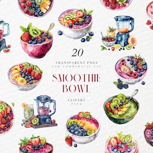 Clipart di frullato di frutta ad acquerello, colazione sana, frullati, ciotola di chia rinfrescante, grafica PNG trasparente, uso commerciale