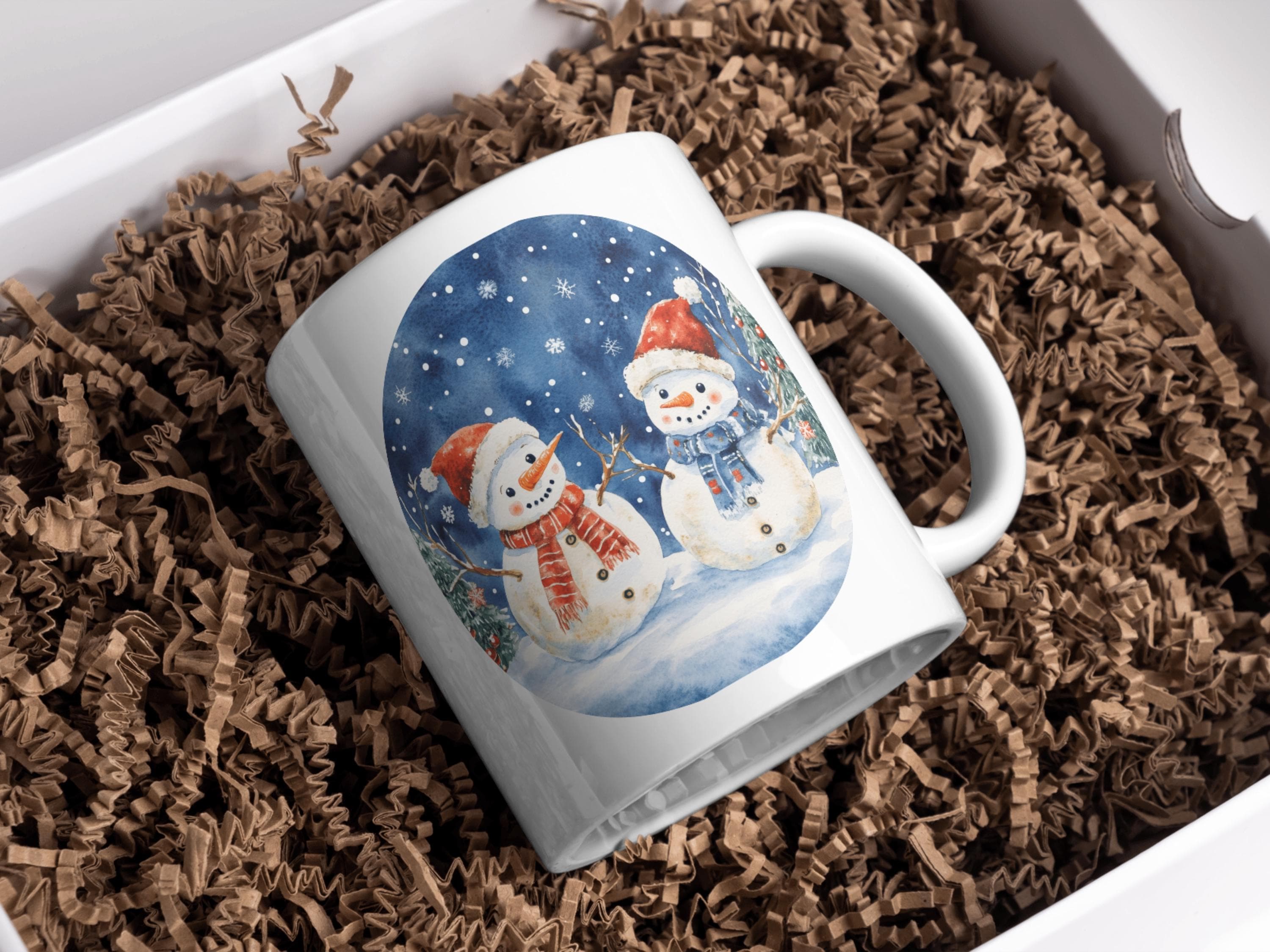 水彩画のクリスマス風景クリップアート、雪に覆われた森の風景