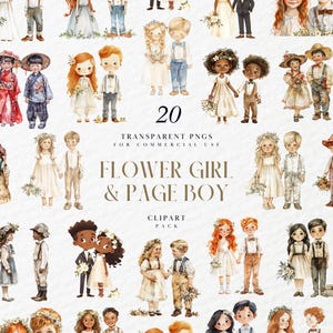 Aquarell Blumenmädchen & Pagen Junge Clipart, niedliche Hochzeitszeremonie Kinder, Brautparty-Element, Schildträger, transparente PNG, kommerzielle Nutzung
