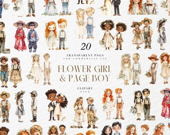 Watercolor Flower Girl & Page Boy Clipart, Cute Wedding Ceremony Kids, Bridal Party Element, Sign Bearer, Transparent PNG, Commercial Use