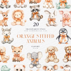 Clipart de animales de peluche naranjas en acuarela, peluches cítricos kawaii, baby shower, decoración infantil de verano, PNG transparente, uso comercial