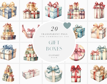 May include: A set of 20 watercolor illustrations of gift boxes in various shapes, sizes, and colors. The boxes are decorated with ribbons, bows, and other embellishments. The illustrations are perfect for use in digital scrapbooking, card making, and other craft projects.
