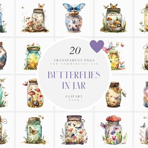 Aquarelle papillons en pot Clipart, pot de papillons, lucioles, magique, fantaisiste, conte de fées, graphique PNG Transparent, usage Commercial