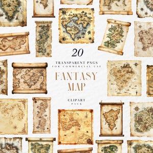 May include: A collection of 20 fantasy map clip art images. The maps are in various shapes and sizes, some rolled up, others flat. The maps are aged with a parchment-like texture and feature detailed illustrations of fictional landscapes. The text "Fantasy Map" is visible.