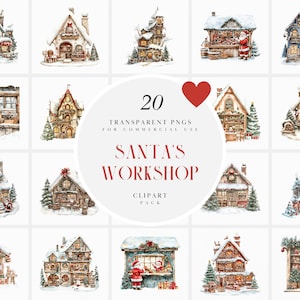 Aquarell Santa's Workshop Clipart, Nordpol, Weihnachtsgeschenk Fabrik, Weihnachtsfeiertags-Wunschliste, transparente PNG, kommerzielle Nutzung