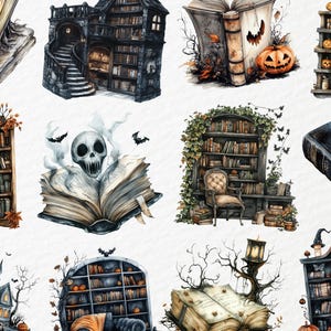 May include: Watercolor illustrations of Halloween-themed books and haunted houses. The images feature open books with skulls, pumpkins, and bats, along with bookshelves and spooky castles. The color palette includes shades of gray, orange, and brown.