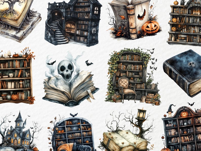 May include: Watercolor illustrations of Halloween-themed books and haunted houses. The images feature open books with skulls, pumpkins, and bats, along with bookshelves and spooky castles. The color palette includes shades of gray, orange, and brown.