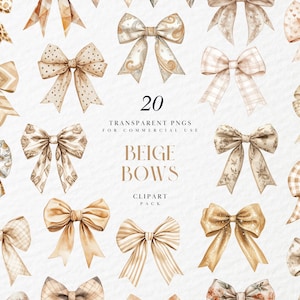May include: A set of 20 beige bows in various patterns and textures. The bows are watercolor illustrations with a vintage aesthetic. The text "20 TRANSPARENT PNGS FOR COMMERCIAL USE BEIGE BOWS CLIPART PACK" is displayed on the image.