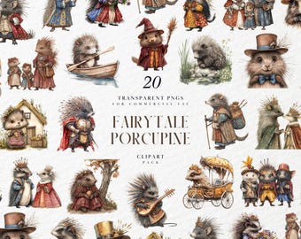 May include: A collection of 20 transparent PNG fairytale porcupine clipart images. The illustrations depict anthropomorphic porcupines in various costumes and settings, including a wizard, a knight, and a musician. The color palette includes earthy tones and vibrant accents.