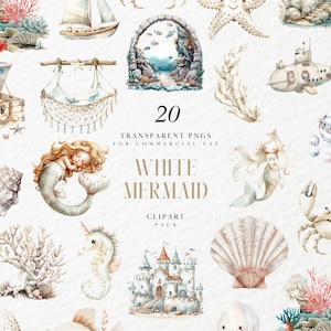 Watercolor Under the Sea Clipart, White Themed, Sea Water Life, Nautical, Mermaid, Nursery, Kids, Transparent PNG Graphics, Commercial Use