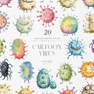 May include: A set of 20 watercolour cartoon virus illustrations in various colours and shapes. The image includes text that reads "20 Transparent PNGs for Commercial Use Cartoon Virus Clipart Pack."