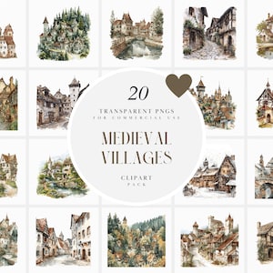 Watercolor Medieval Village Clipart, European Village Clipart, Middle Ages Clipart, Medieval Europe Clipart, Transparent PNG, Commercial Use