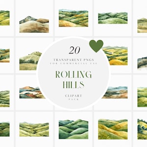 Clipart di colline ondulate ad acquerello, scenario naturale, cima della collina, creazione di biglietti clipart di paesaggi verdi, grafica PNG trasparente, uso commerciale