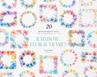 May include: Twenty watercolour floral frames in rainbow colours. Each frame is a square or circle with a white background. The frames are perfect for adding a touch of whimsy to your designs.
