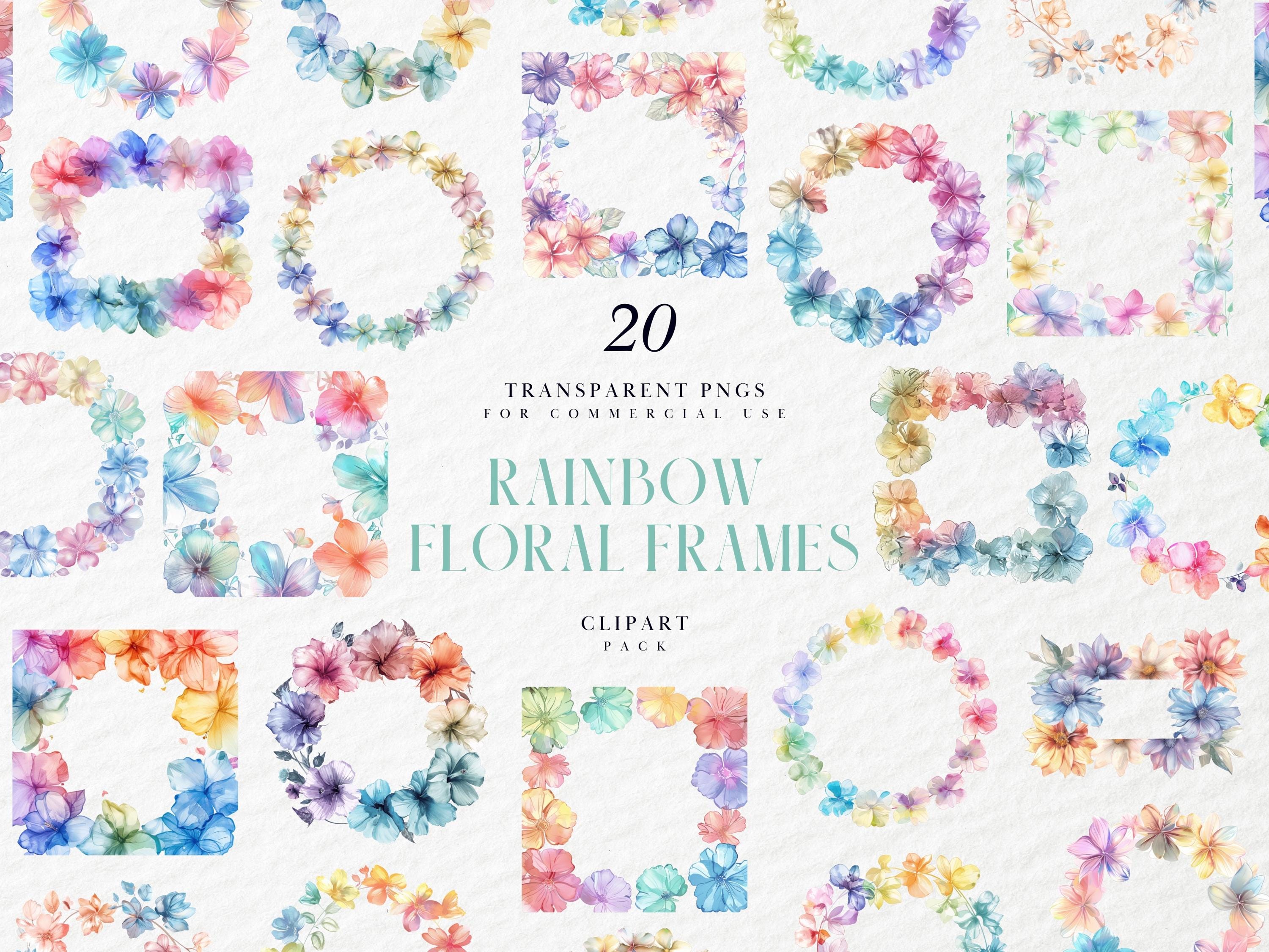 Watercolor Rainbow Floral Photo Frame Clipart, Page Corner, Banner Page Border, Decorative Elements, Transparent PNG Graphic, Commercial Use