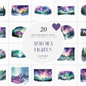 Aquarel Aurora Lights clipart, Aurora Light clipart, Northern Lights clipart, Aurora Borealis, transparante PNG-graphics, commercieel gebruik