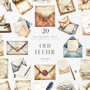 Peut inclure: Pack de cliparts aquarelle avec 20 PNG transparents de vieilles lettres, enveloppes et fournitures d'écriture. Les illustrations comprennent des enveloppes ouvertes et fermées, du papier vieilli, des plumes et des encriers. Le texte "OLD LETTER" est affiché.