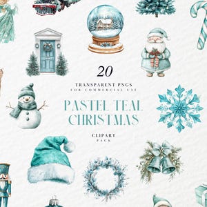 May include: A set of 20 pastel teal Christmas clipart images. The images include a snowman, a snowflake, a Christmas tree, a Santa Claus, a nutcracker, a candy cane, a wreath, a bell, a train, a door, a snow globe, a reindeer, a stocking, a gift box, and an ornament.